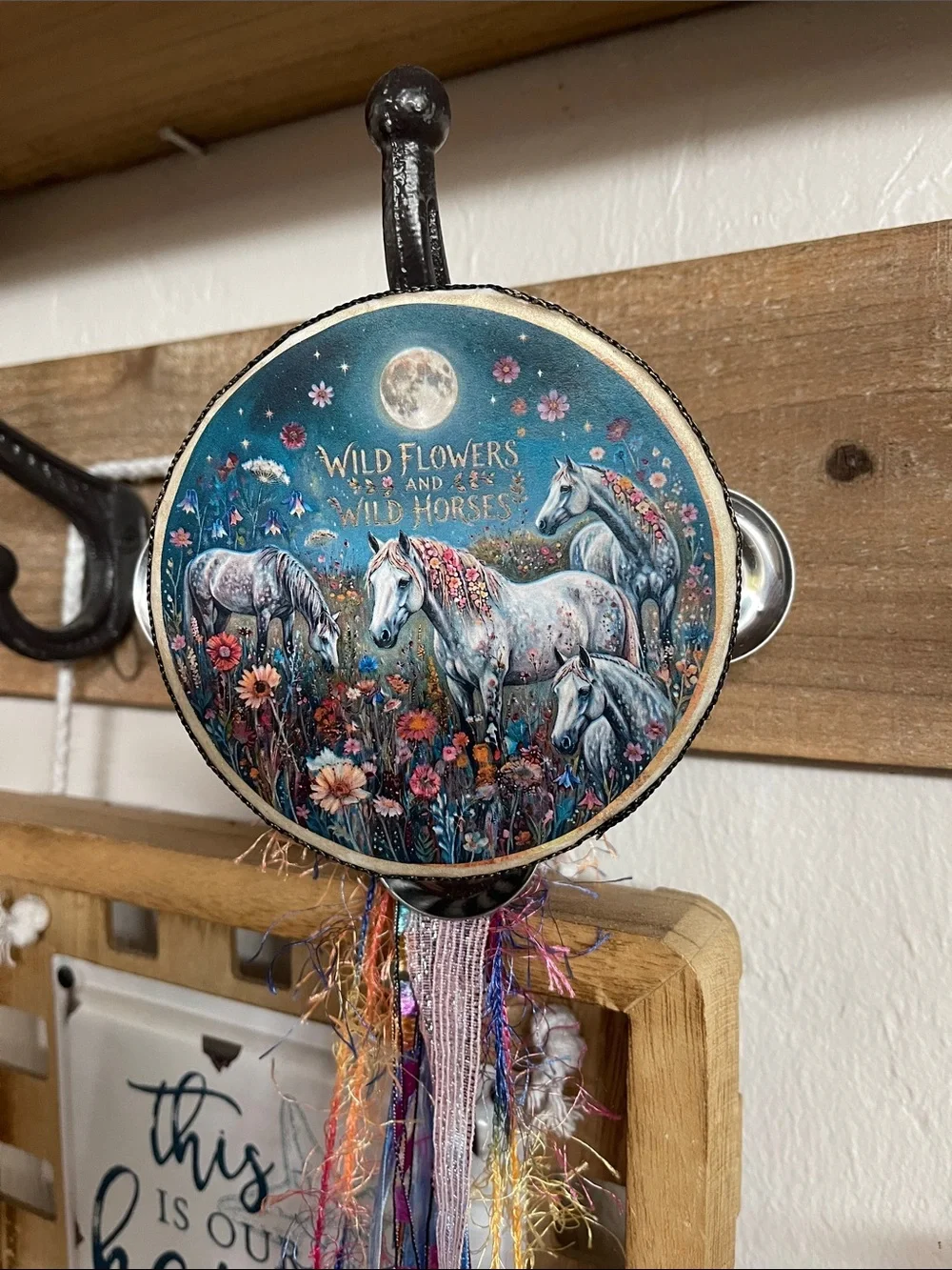 Wild Flowers and Wild Horses Tambourine Wall Hanging - Teal Floral Horse Art
